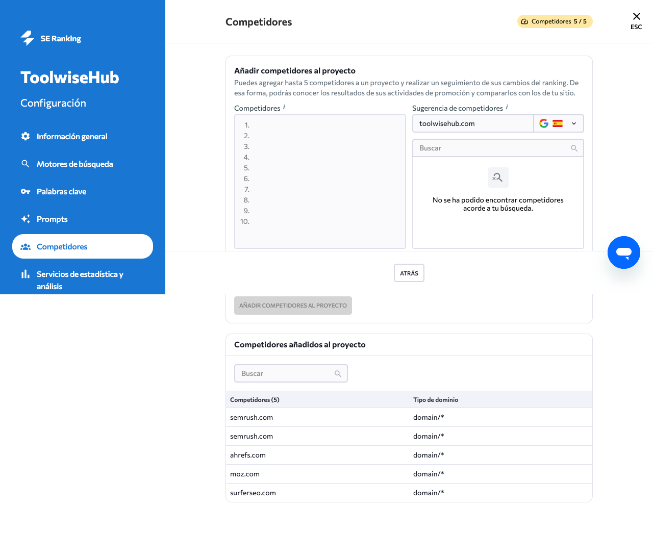 Captura de competidores configurados en el proyecto ToolwiseHub de SE Ranking