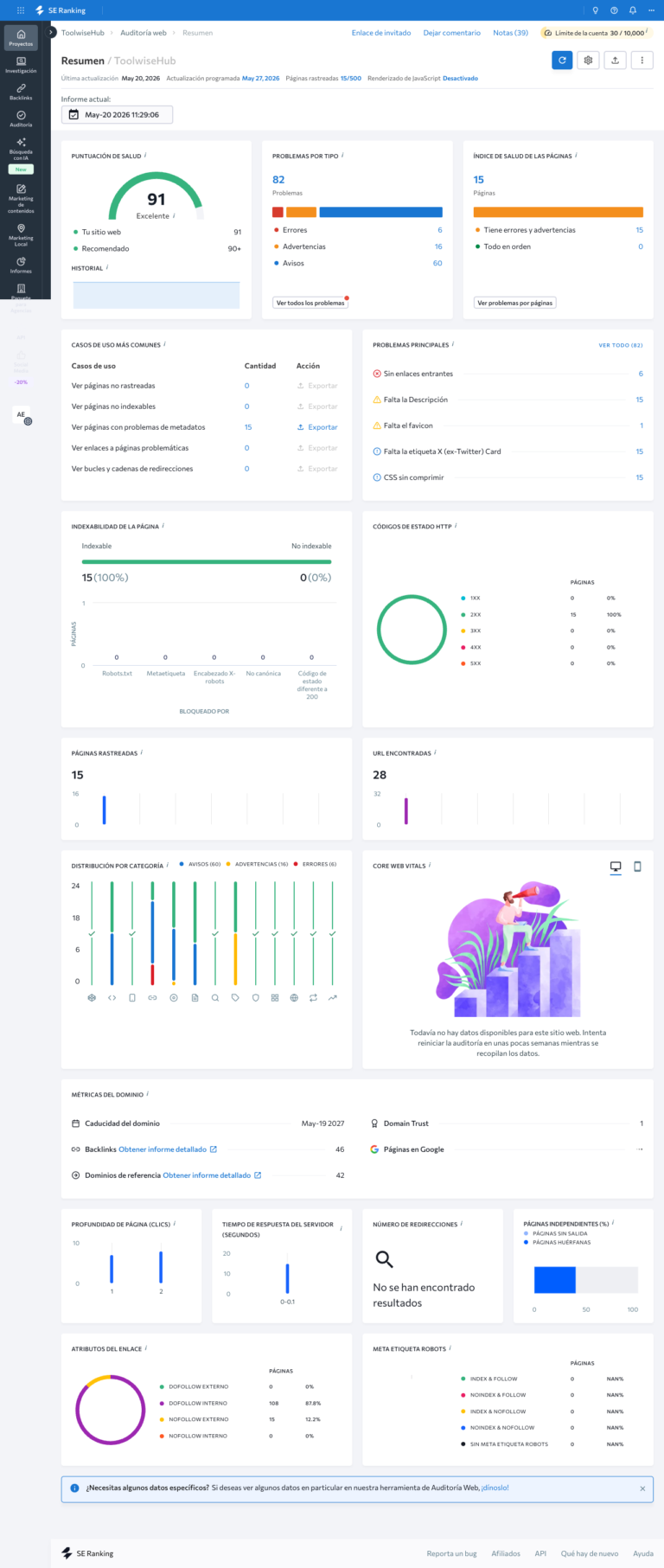 Captura de la auditoría SEO de SE Ranking con puntuación de salud de ToolwiseHub